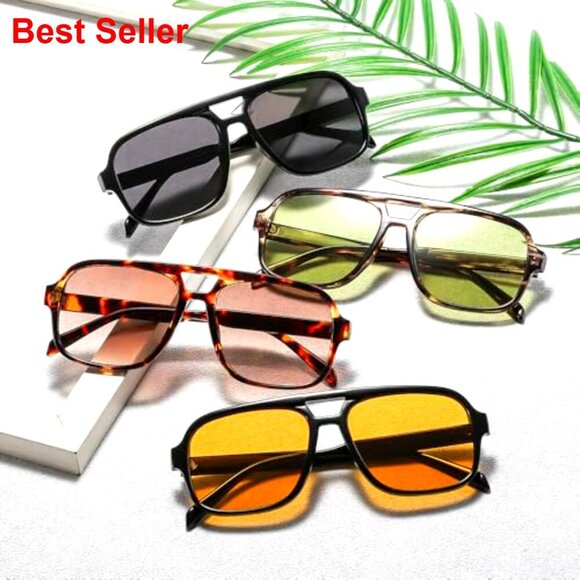 4 Pairs Retro 70s Square Aviator Sunglasses Oversized Vintage Shades